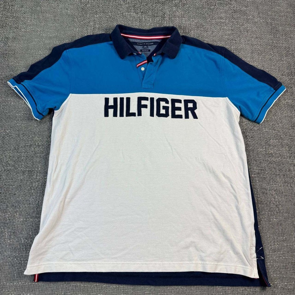 Tommy Hilfiger Polo Shirt Mens XXL Blue White Colorblock Custom Fit Logo